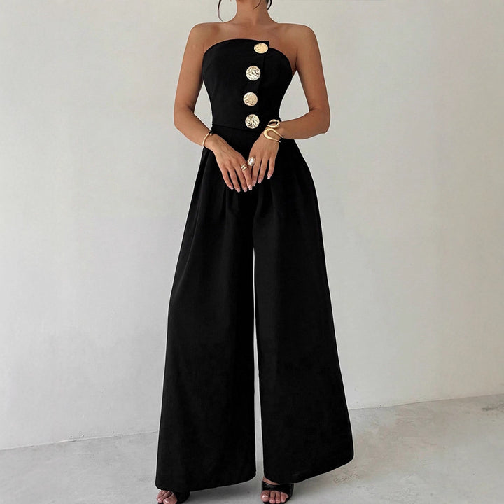 Dame Elegant Jumpsuit med asymmetrisk udskæring og dekorative knapper Skovae