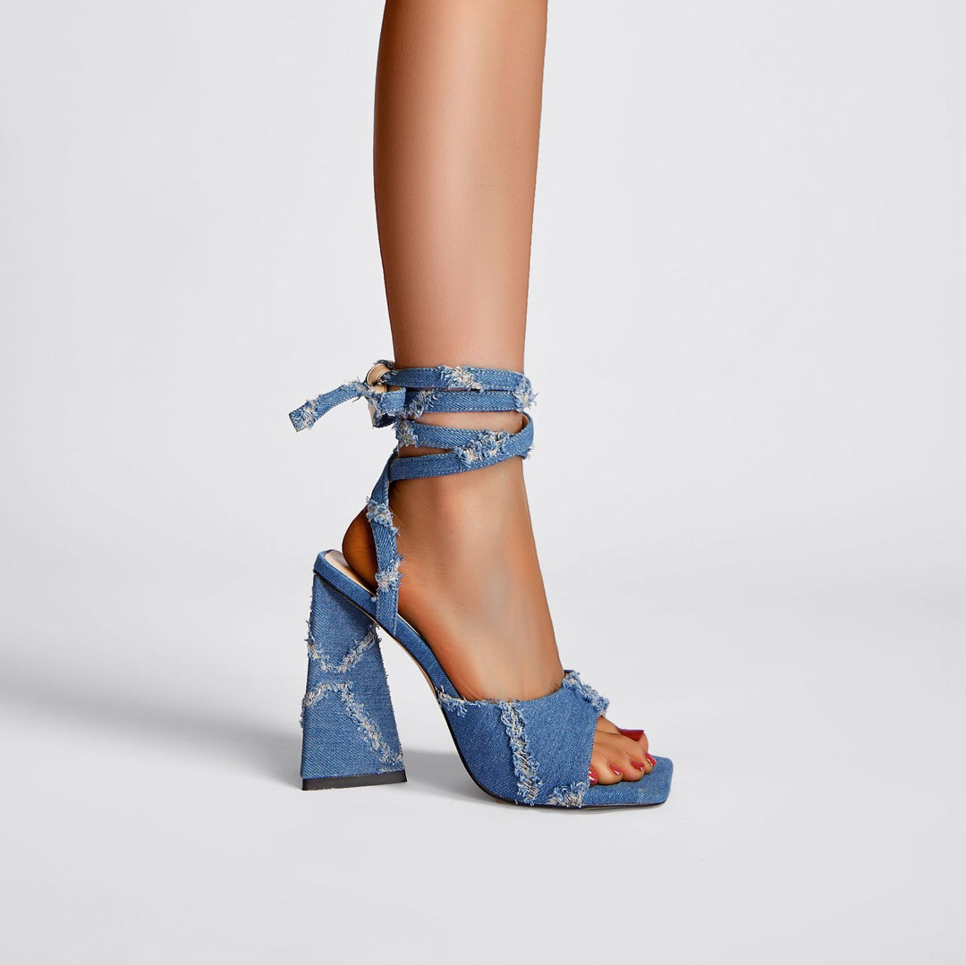 Dame Chunky Denim Hælsandaler med Ankelsnor Stilla