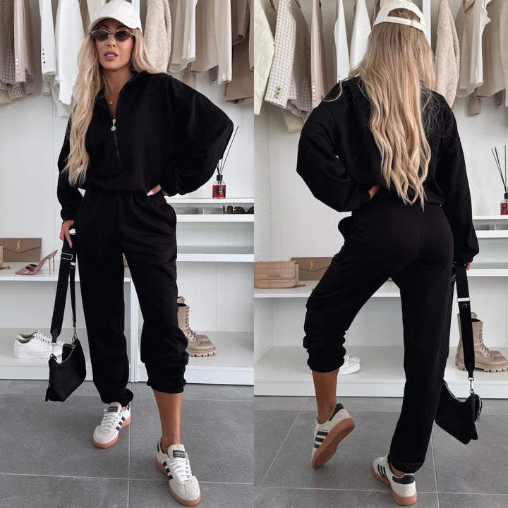 Damer sporty loungewear sæt med modern stå-krave og behagelige lynlås bukser Skovae