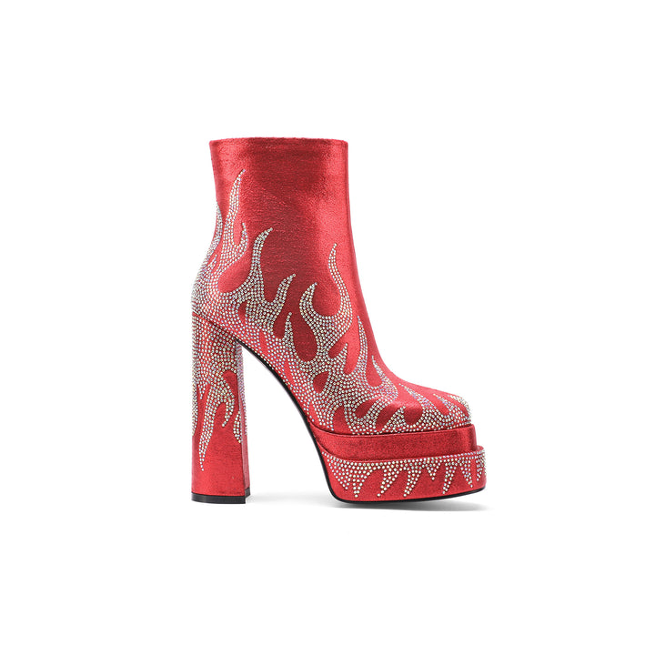 Femme Platform Chunky Støvler med Flamme mønster og Rhinsten dekorationer Stilla