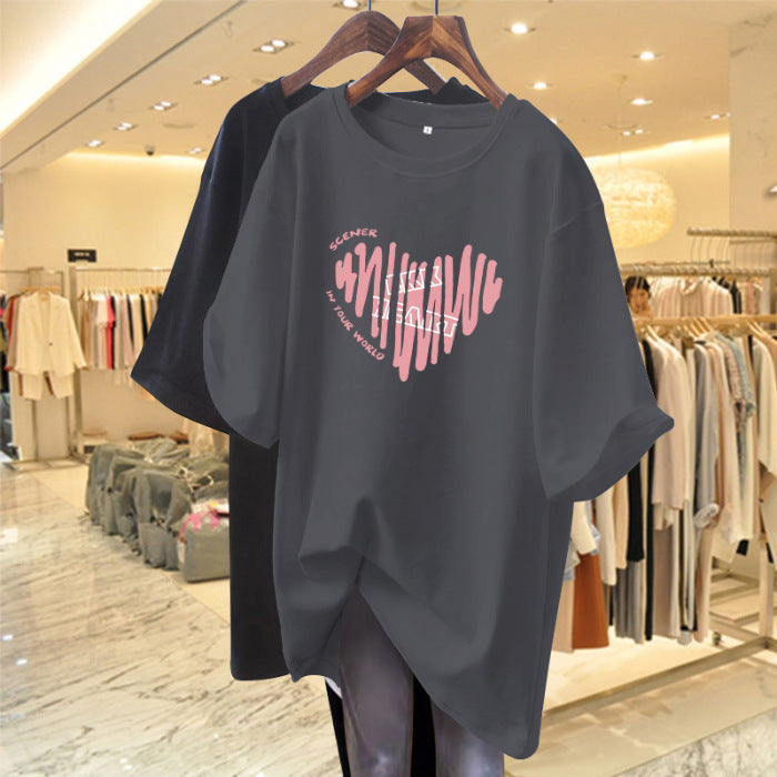 Dame Oversized T-shirt med kreativt hjerte motiv og moderne skrift Stilla