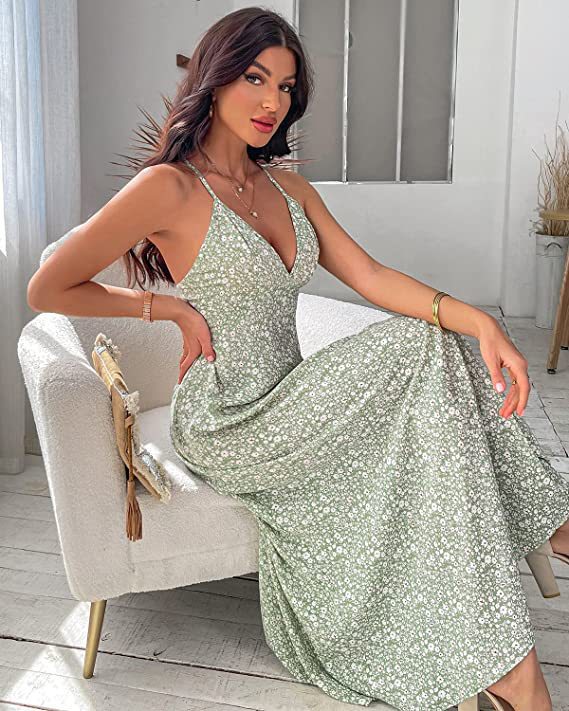 Damer maxi kjole med blomstret design og elegant V-udskæring Stilla