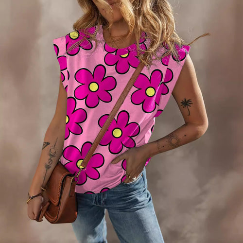 Dame sommer T-shirt med farverigt blomsterprint og brede stropper Stilla