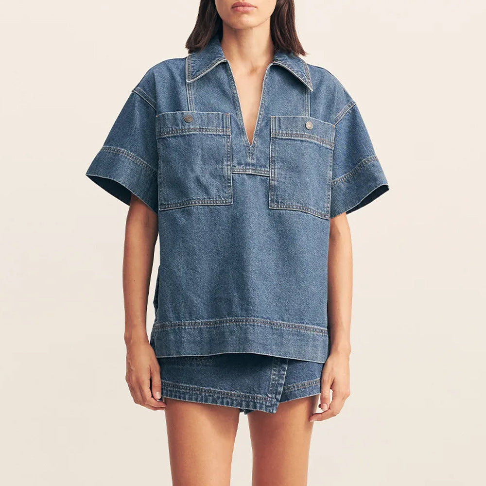 Dame Mode Oversized Jeansbluse med praktiske lommer og dyb V-udskæring Stilla