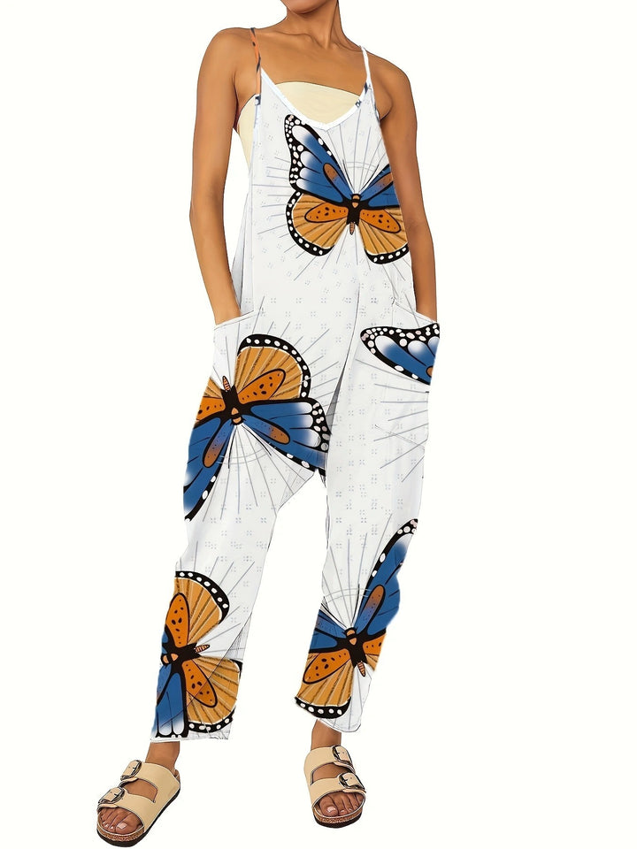 Dame jumpsuit med farverigt sommerfuglemønster og praktiske lommer Stilla