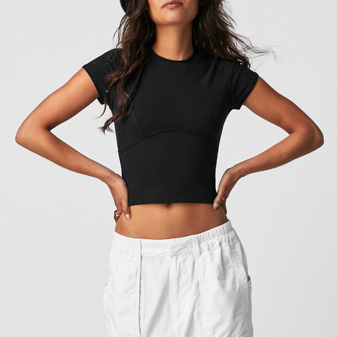 Dame sporty cropped T-shirt med rund halsudskæring og dekorative syninger Stilla