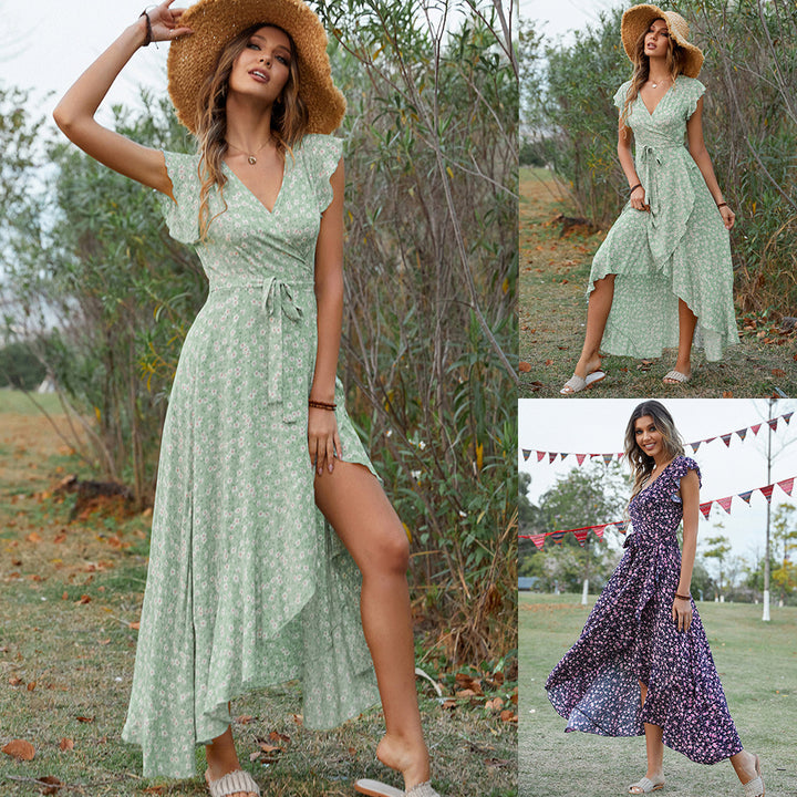 Dame Floral Print Asymmetrisk Maxikjole med Bindebælte Stilla