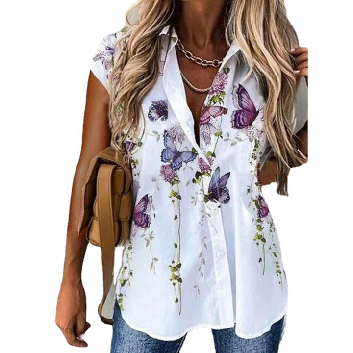 Dame kortærmet bluse med blomsterprint og knapliste Stilla