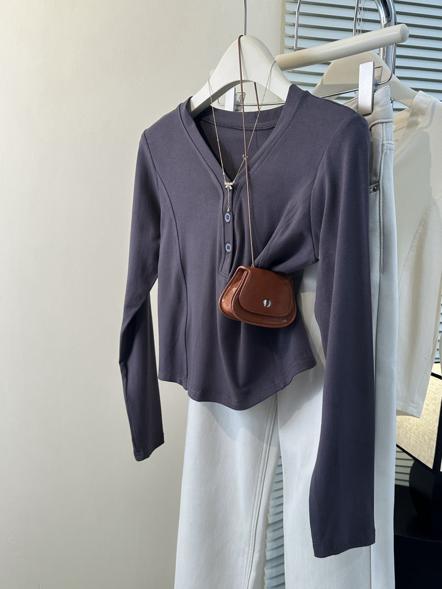 Femme Stilfuld Langærmet Knap-Henley- Top Stilla