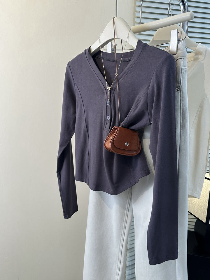 Femme Stilfuld Langærmet Knap-Henley- Top Stilla