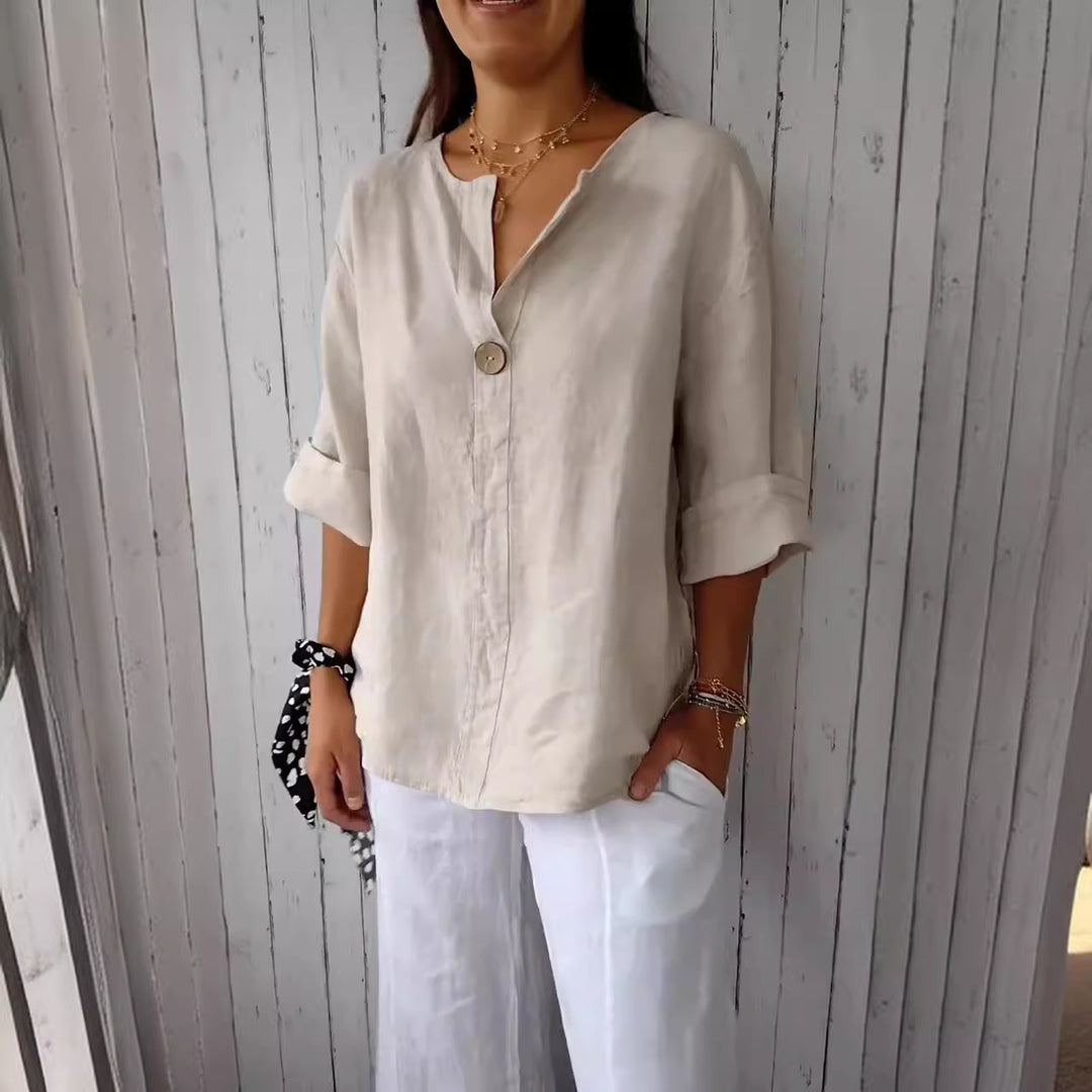 Dame linned blouse med knapdetalje og praktiske lommer Stilla