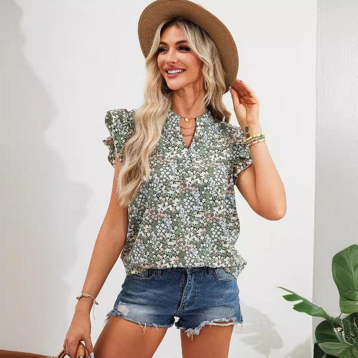 Dame Floralbluse med flæsedetaljer og nøgleudskæring Stilla