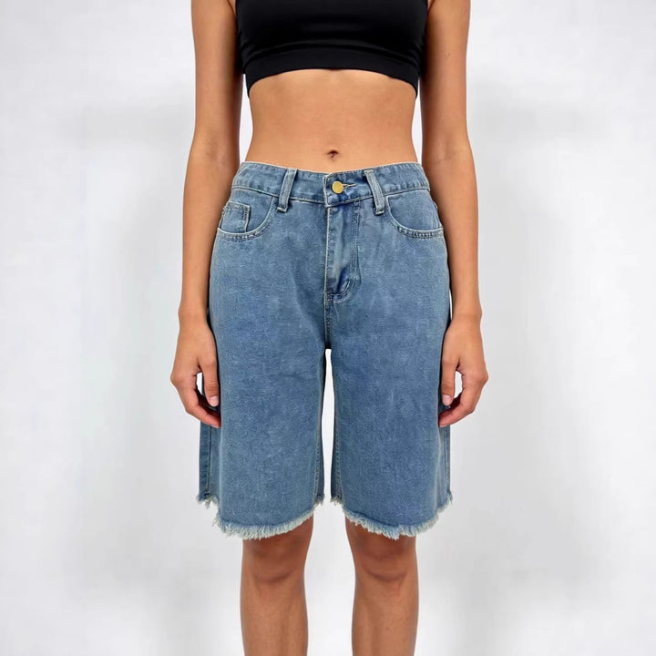 Dame afslappede denim-shorts med frayed kanter og høj talje Skovae