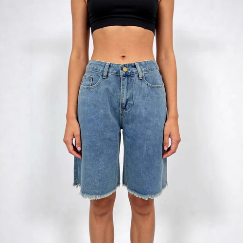Dame afslappede denim-shorts med frayed kanter og høj talje Skovae