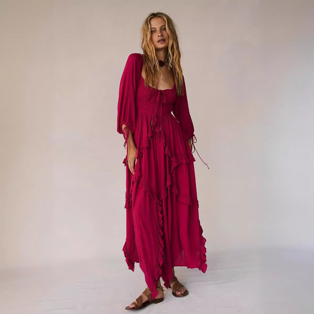 Dame Maxikjole med afslappet Boho-stil og voluminøse flæsedetaljer Stilla