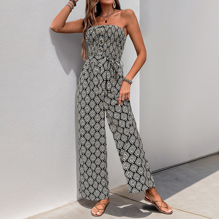 Dame hverdag jumpsuit med elastisk overdel og modigt mønster Stilla