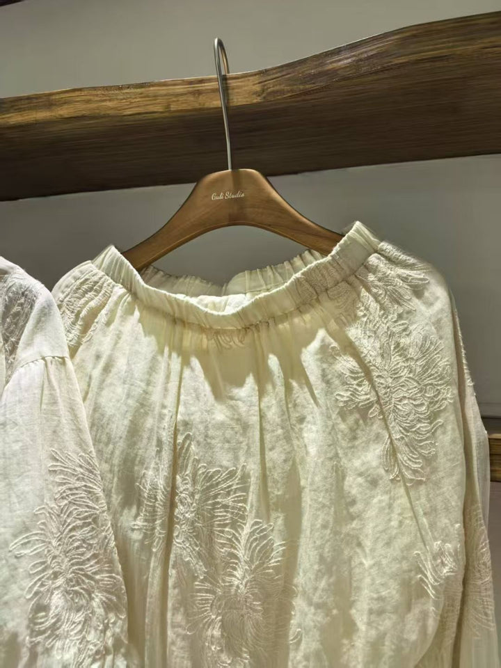 Dame Broderet V-Udskæring Bluse med Svingærmer Stilla