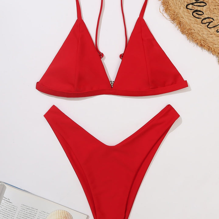 Dame triangel-bikini med højt skåret design og fine ribstrukturer Skovae