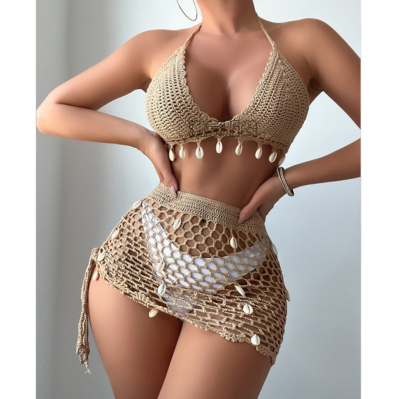 Dame Hæklet Bikini Sæt med Musling Pynt og Transparent Nederdel Skovae