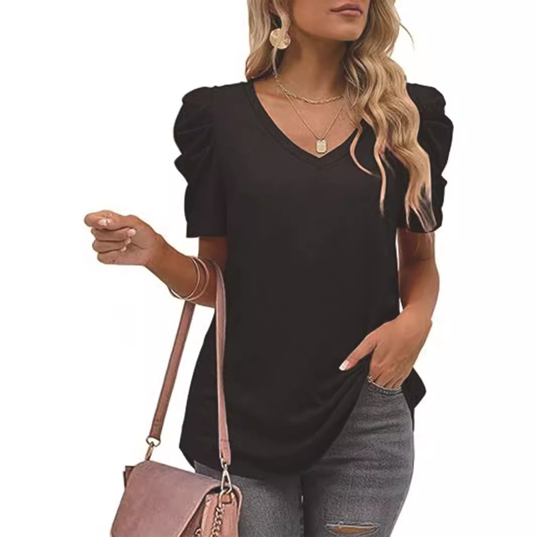Dame trendy V-hals T-shirt med puffærmer Stilla