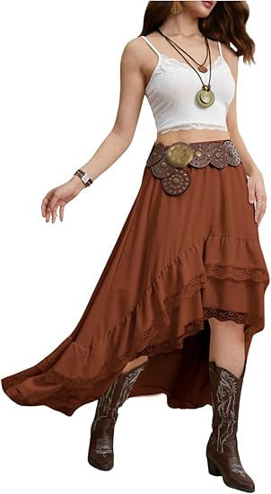 Dame Boho Maxi-nederdel med asymmetrisk kant og spids dekoration Skovae