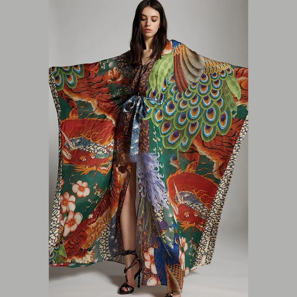 Dame elegant Kimono-stil strandovergang med kunstnerisk mønster og dyb V-udskæring Stilla