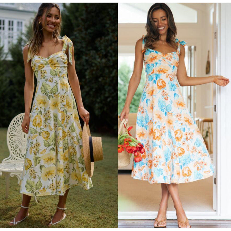 Dame Floral Print Midi Kjole med justerbare stropper og flæse nederdel Stilla