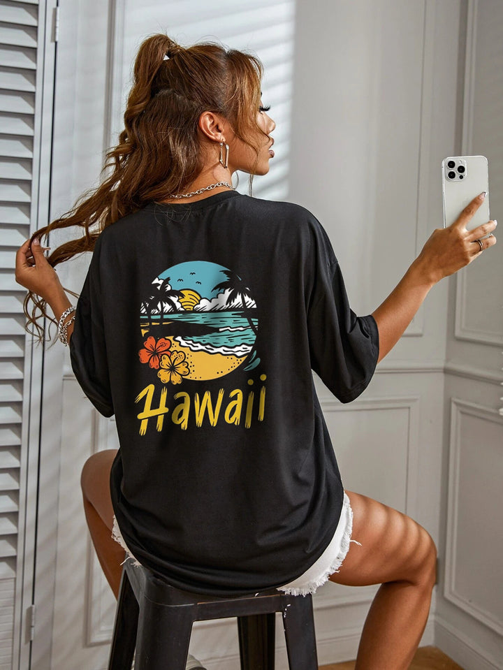 Dame afslappet T-shirt med tropisk Hawaii-motiv Stilla