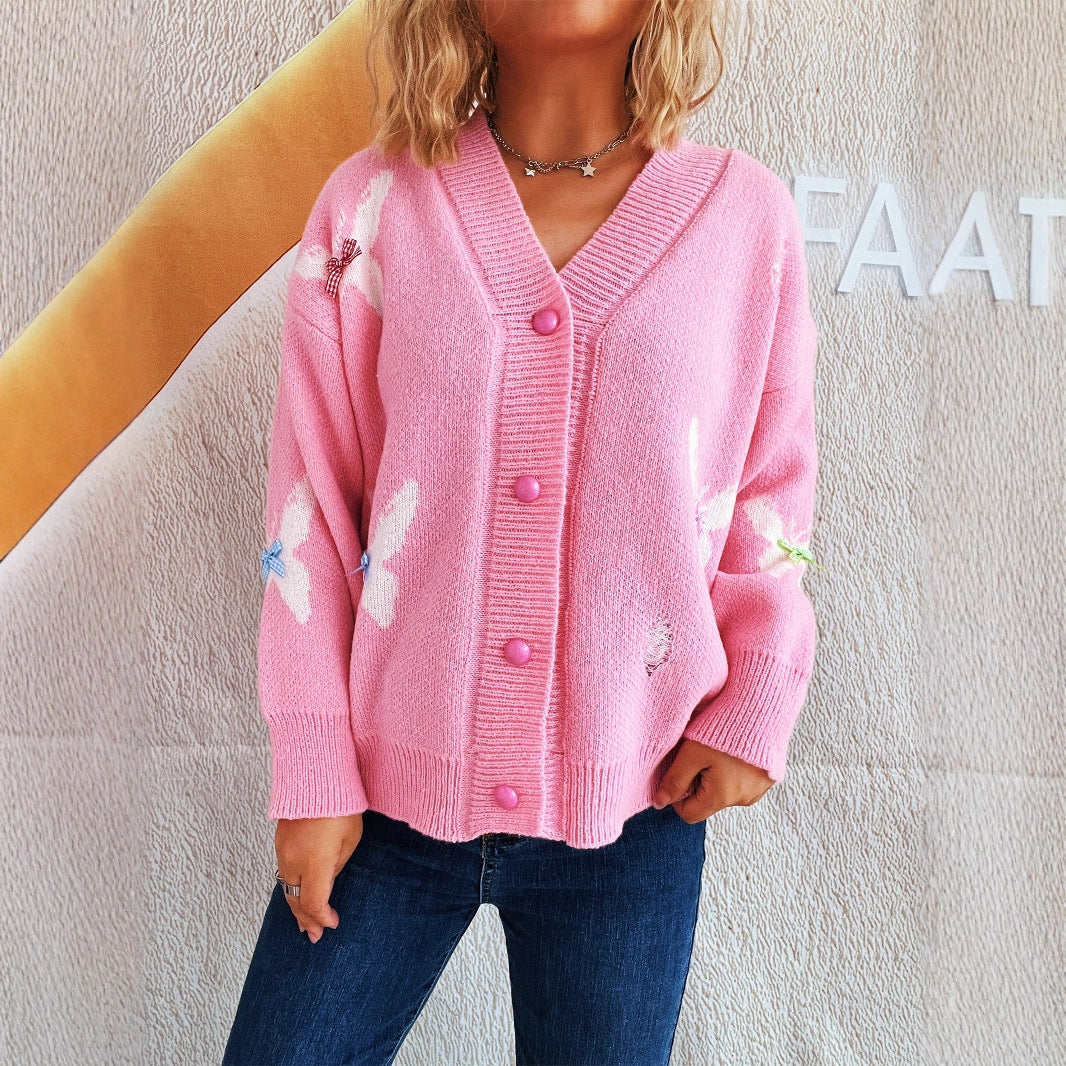Damer hyggelig cardigan med farverigt sommerfugledesign og knapliste Stilla