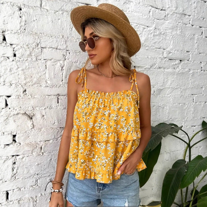 Dame Rynket Lag Blomster Camisole Top Stilla
