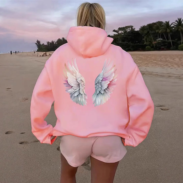 Dame hoodie sweatshirt med fantasifuld vingemotiv Skovae