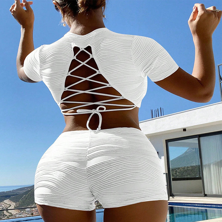 Dame ribstruktur crop top og højtaljede shorts sæt Stilla