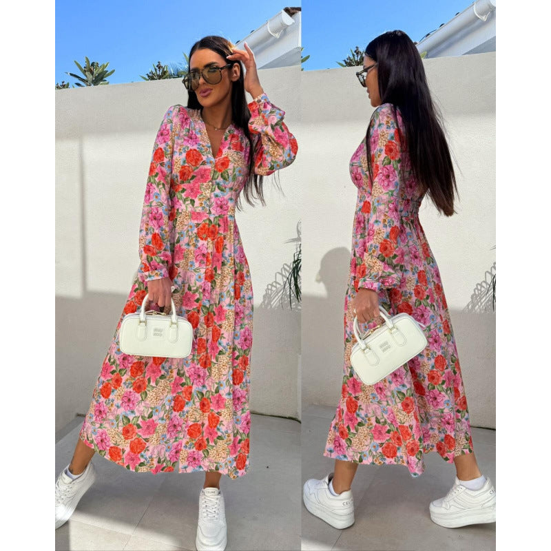 Dame Floral Print Maxi Kjole med justerbart taljebælte Stilla