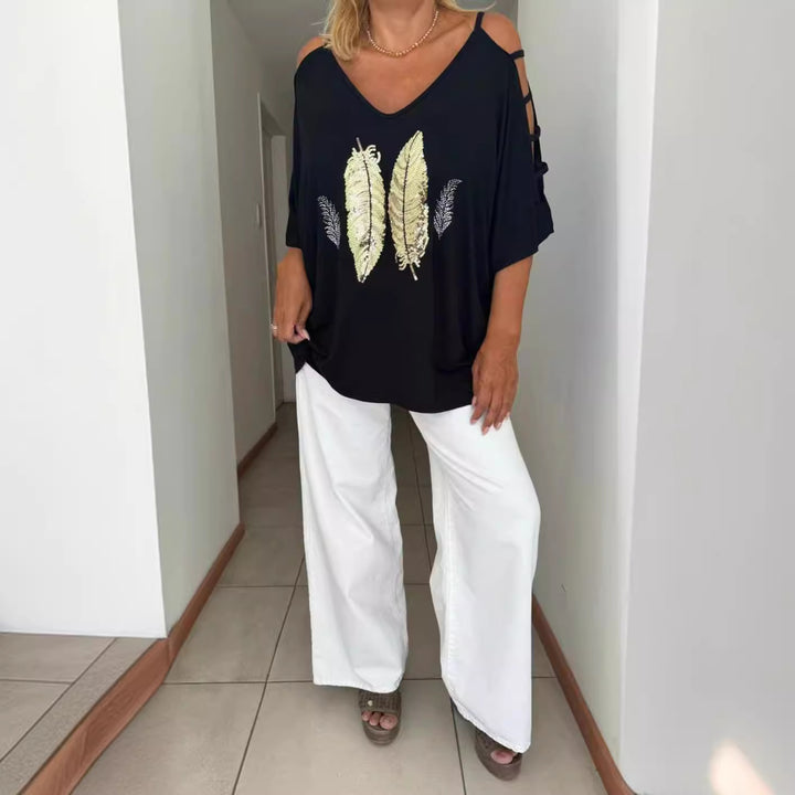 Dame oversized T-Shirt med elegant broderi og åbne skuldre Stilla