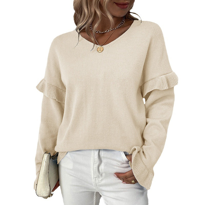 Dame sweater med flæsedetaljer og V-hals Stilla