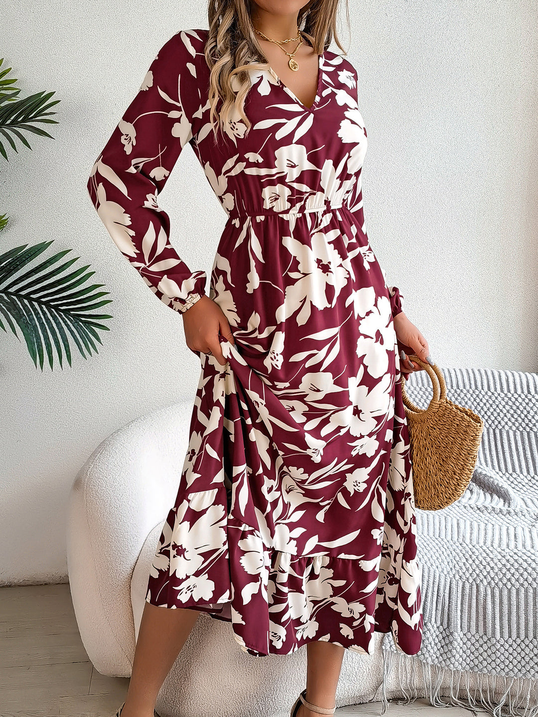 Damer Elegant Maxikjole med blomsterdesign og elastisk talje Stilla