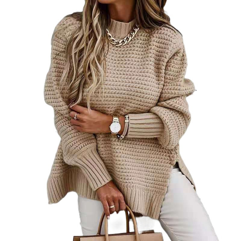 Kvinders strikket sweater med moderne vaffelmønster og brede ærmer Stilla