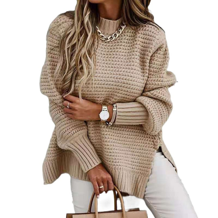 Kvinders strikket sweater med moderne vaffelmønster og brede ærmer Stilla