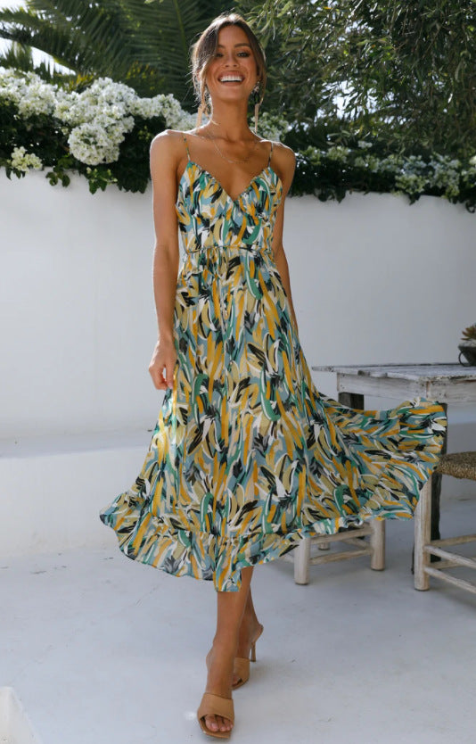 Dame Bohemian Floral Maxi Kjole med justerbare Spaghetti-stropper Stilla