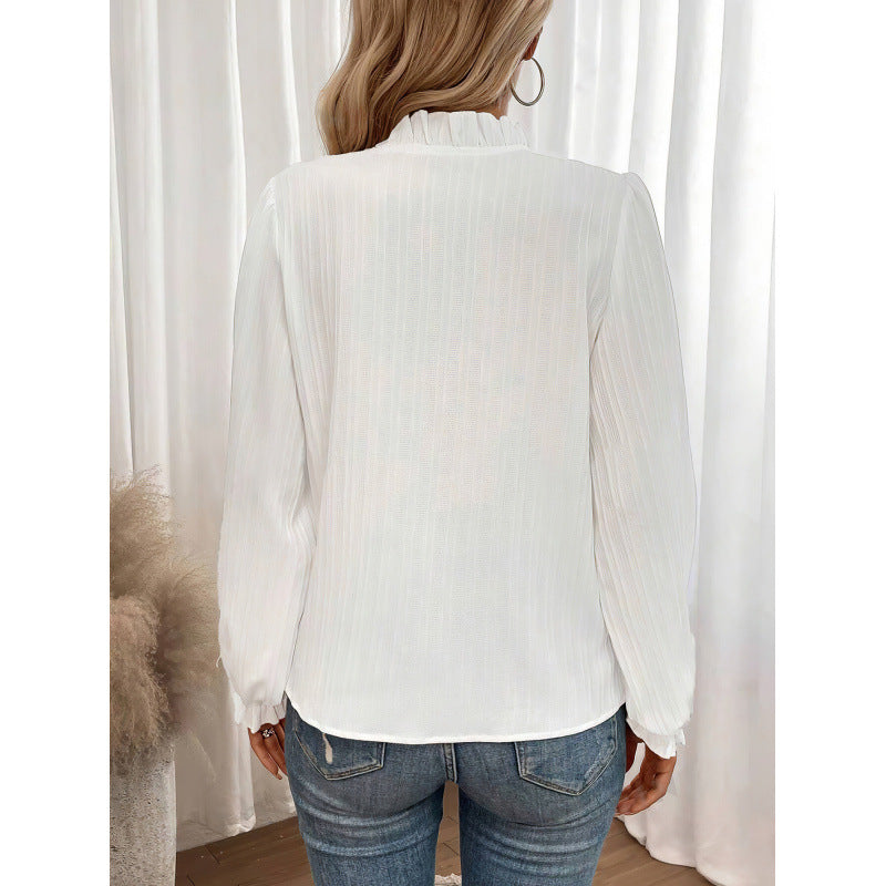 Dame elegant bluse med flæse detaljer og plisseringer