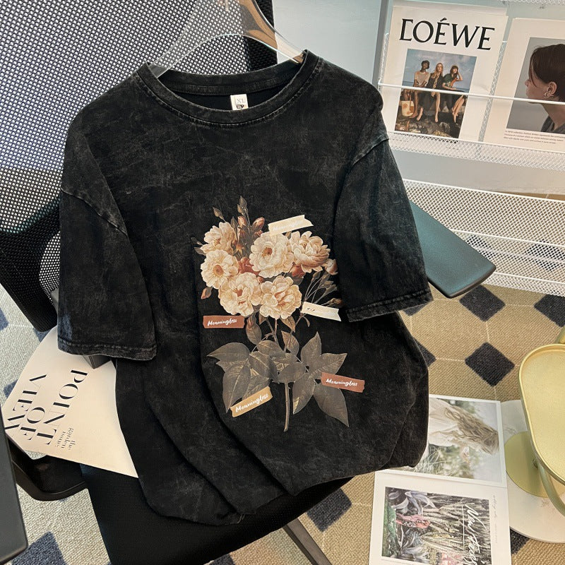 Dame Oversized T-Shirt med blomstret vintage-tryk og unik skrifttype Stilla