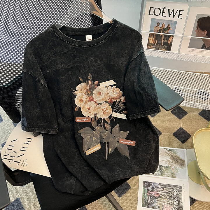 Dame Oversized T-Shirt med blomstret vintage-tryk og unik skrifttype Stilla