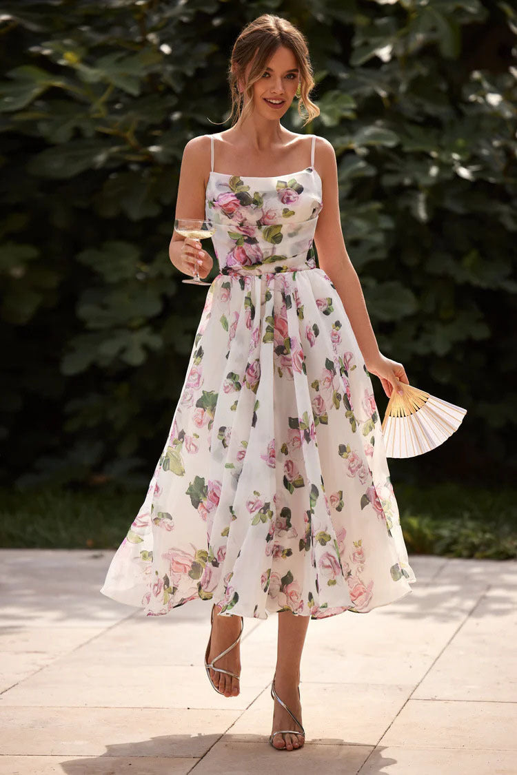 Dame midi-kjole med elegant blomsterdesign og skulderfri top Stilla