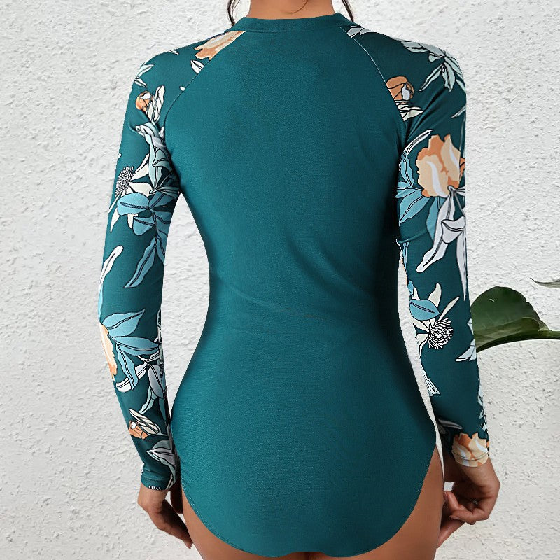 Dame langærmet surfdragt med floral design og høj kvalitet lynlås Stilla