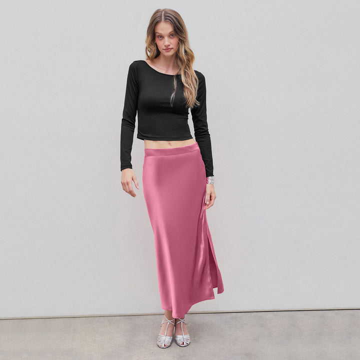 Dame cropped top med lange ærmer og elegant rund halsudskæring Stilla