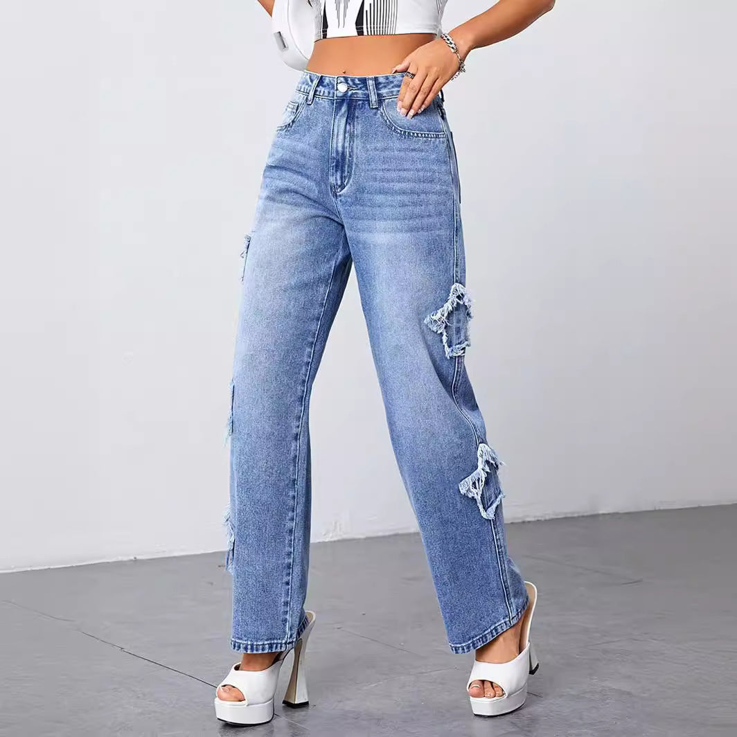 Dame baggy jeans med usædvanlige frynser og iøjnefaldende applikationer Stilla
