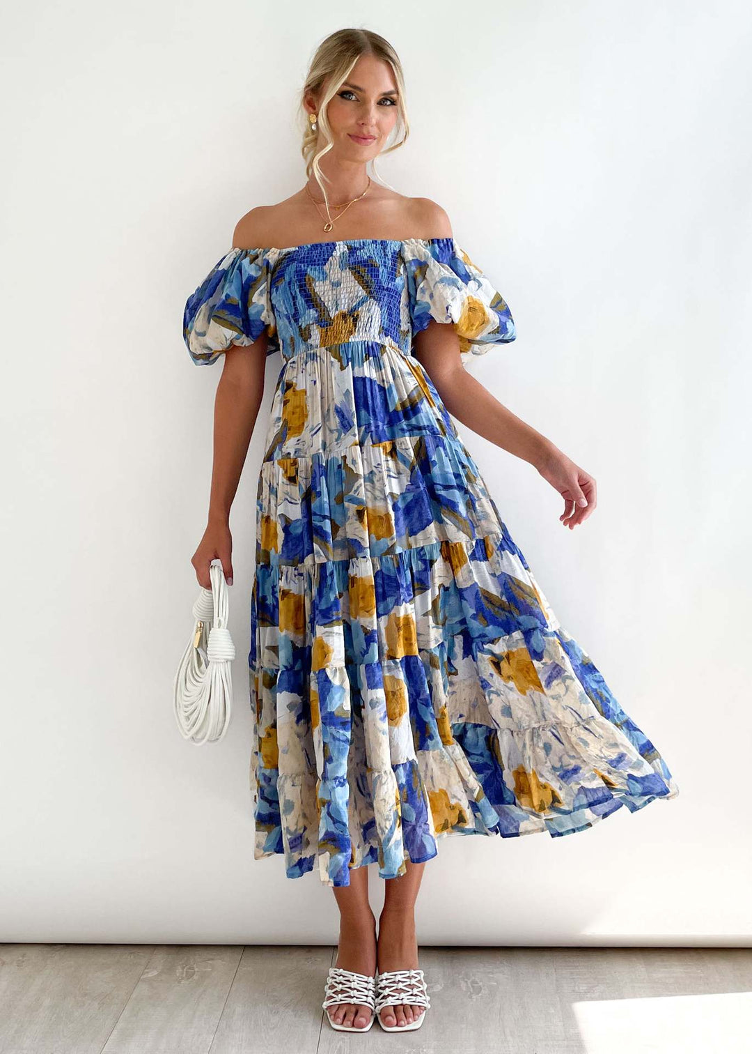 Dame Floral Puff Ærme Midi Kjole Stilla