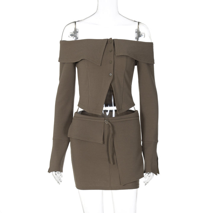 Dame Off-Shoulder Top og Dinnerrock Sæt med asymmetrisk Design og Knapdetaljer Stilla