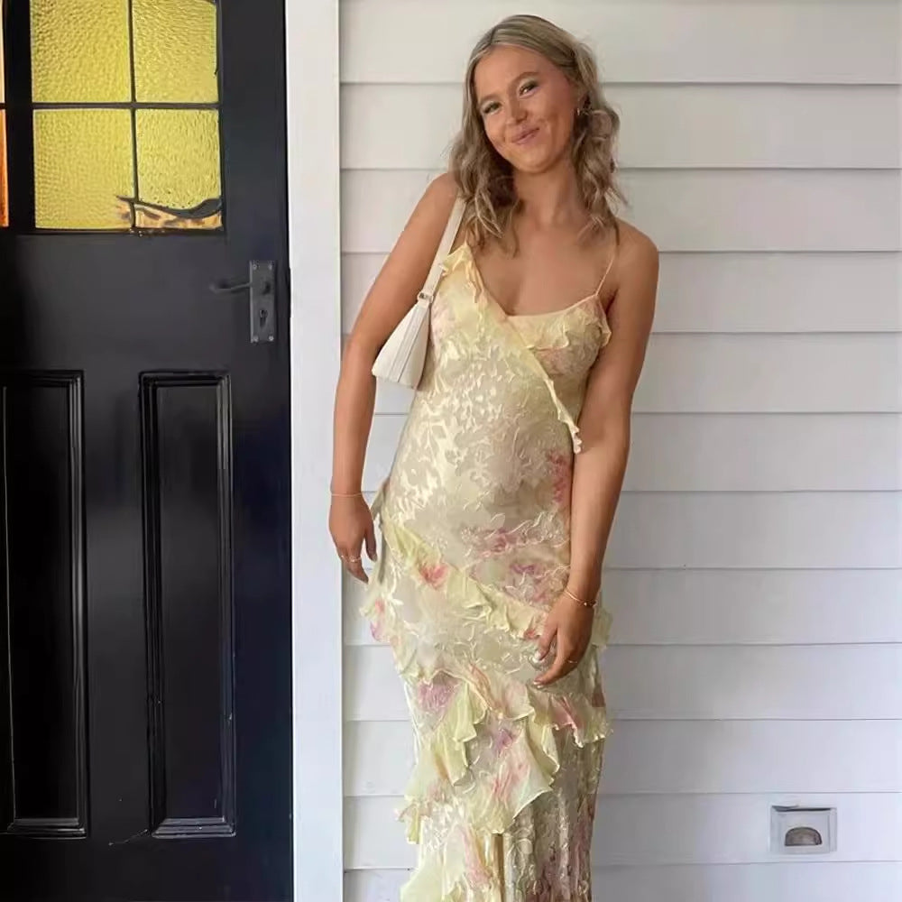 Dame Lang Maxi Kjole med Legende Flæsedetaljer og Blomsterprint