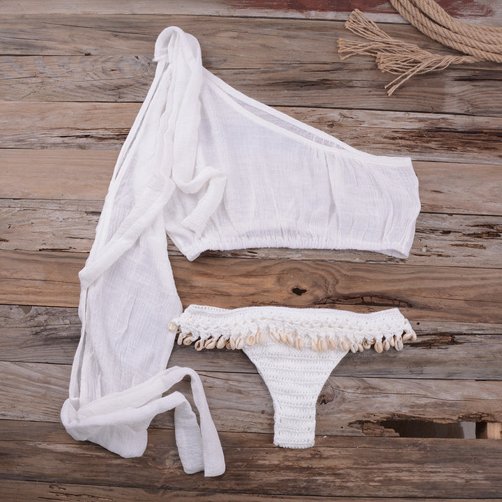 Dame Cropped Bikini-top med en stilfuld langærmet og muslingedekoration Stilla